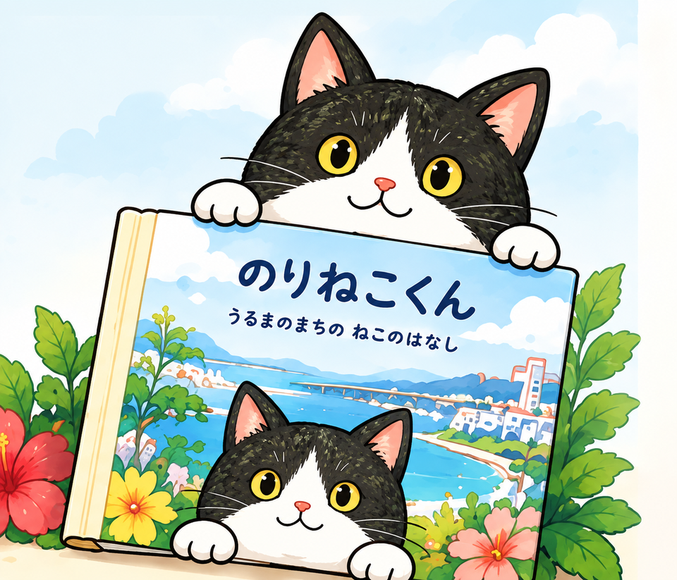絵本「のりねこくん うるまのまちの ねこのはなし」を抱えるのりねこくん