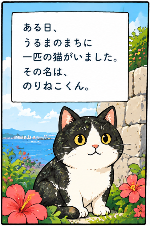 ある日、うるまのまちに一匹の猫がいました。その名は、のりねこくん。海辺に立つ猫。