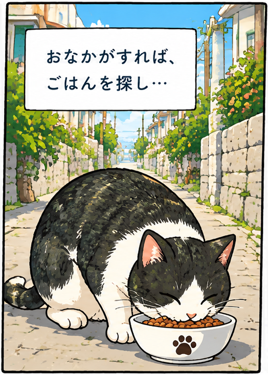 おなかがすれば、ごはんを探し…。まちの路地でごはんを食べるのりねこくん。