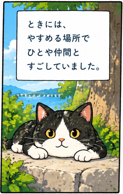 ときには、やすめる場所で、ひとや仲間とすごしていました。石垣の上でくつろぐのりねこくん。