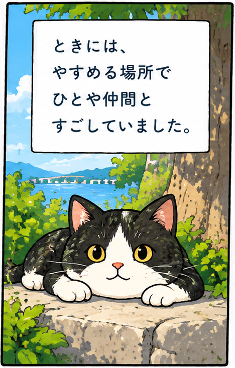 ときには、やすめる場所で、ひとや仲間とすごしていました。石垣の上でくつろぐのりねこくん。