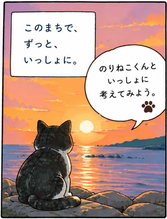このまちで、ずっと、いっしょに。夕日を見つめるのりねこくんと、いっしょに考えてみよう。