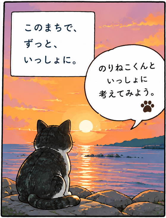 このまちで、ずっと、いっしょに。夕日を見つめるのりねこくんと、いっしょに考えてみよう。