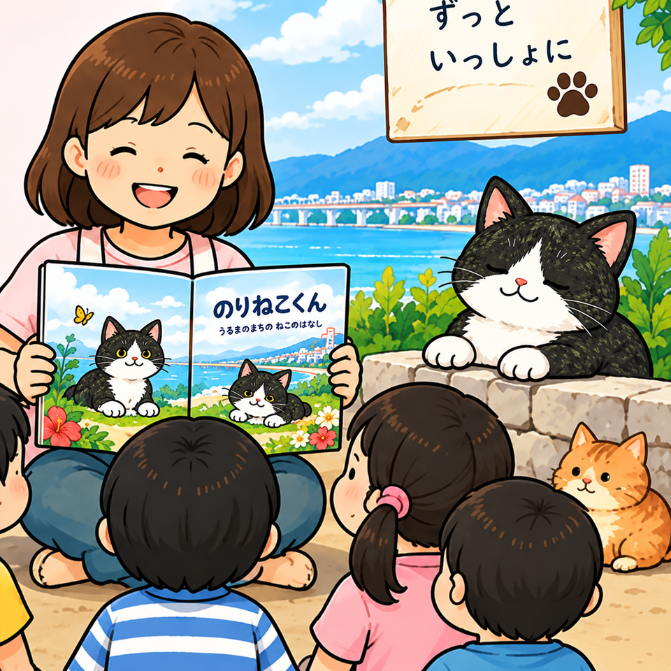 絵本「のりねこくん」の読み聞かせを楽しむ子どもたちと猫